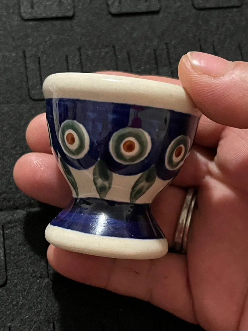 Vintage Ceramic Egg Cup with Blue, Green, Brown Floral Motif